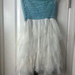 Sky Blue and White Strapless Dress #7801